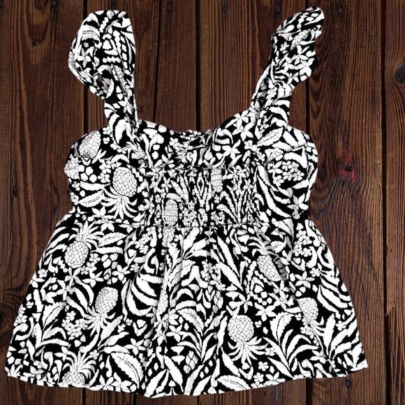 New LOFT Black & White Pineapple Ruffle Tie Neck Halter Top Sleeveless Blouse M - Picture 4 of 9